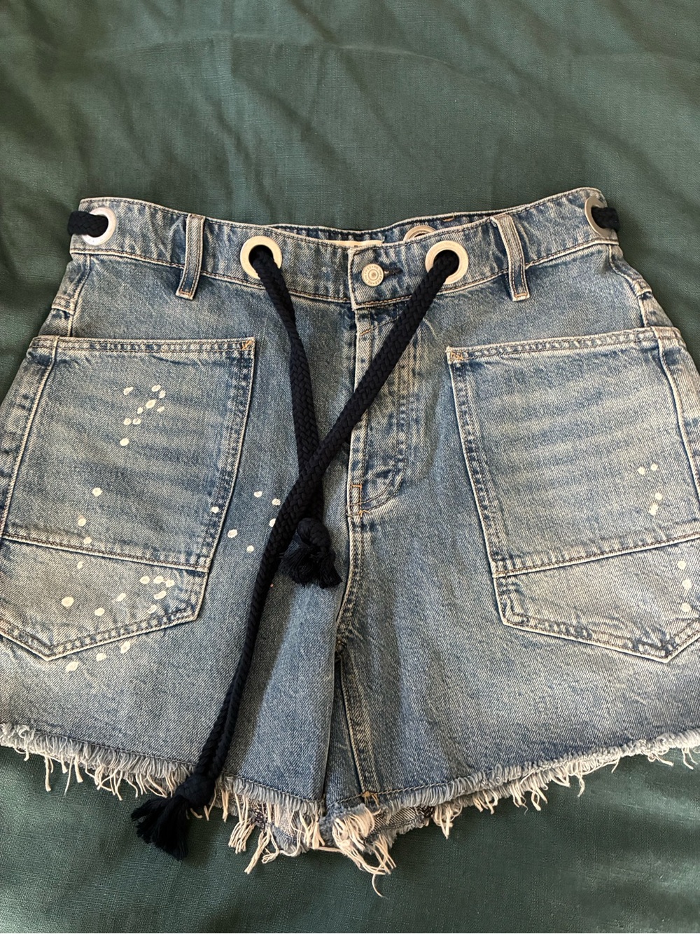 Free People Denim Fringe Hem Women's Shorts with Rope Tie.